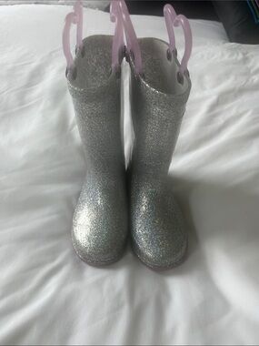 Western Chief Silver Glitter Kids Rain Boots with Pink Pull Handles